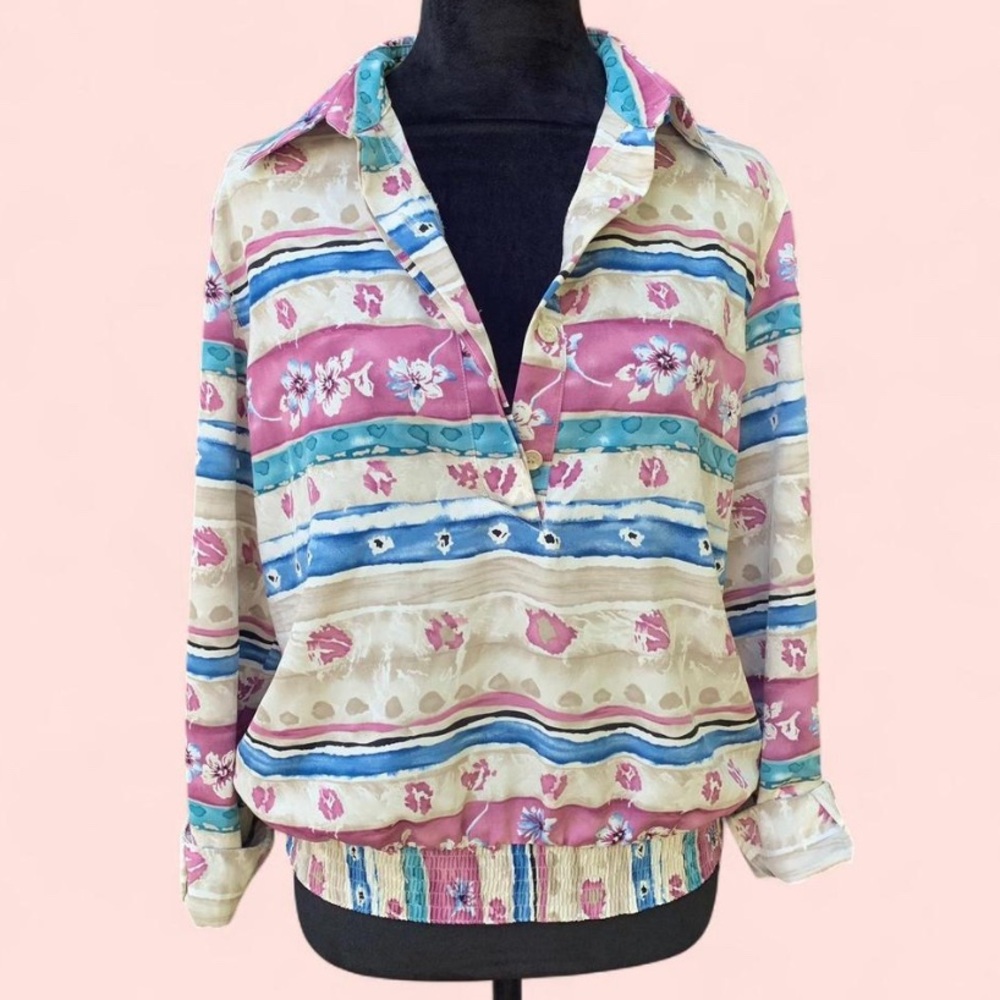 Coastal Grandma Euro Summer Vintage Alfred Dunner Floral Striped Women's Top